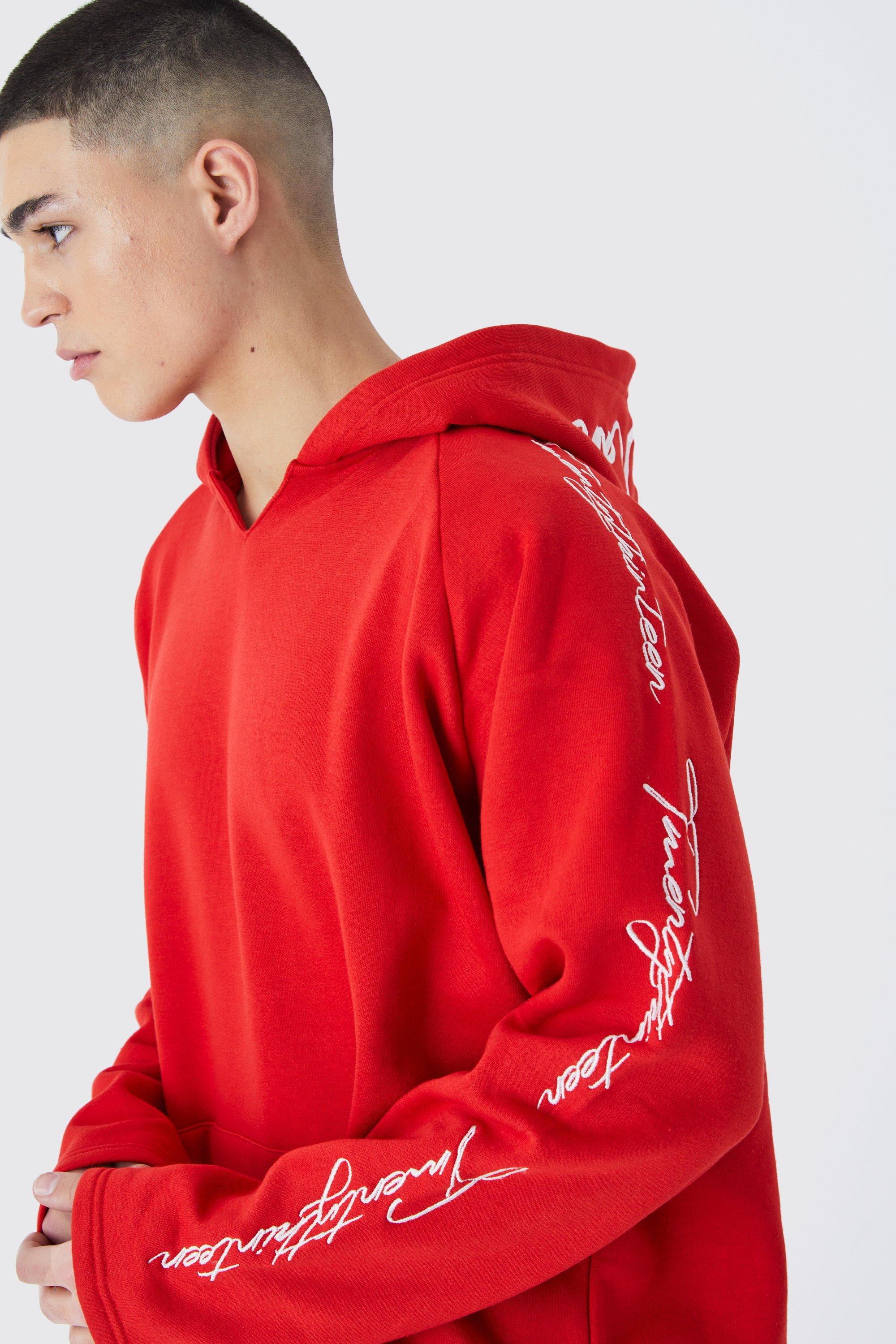 Red best sale embroidered hoodie