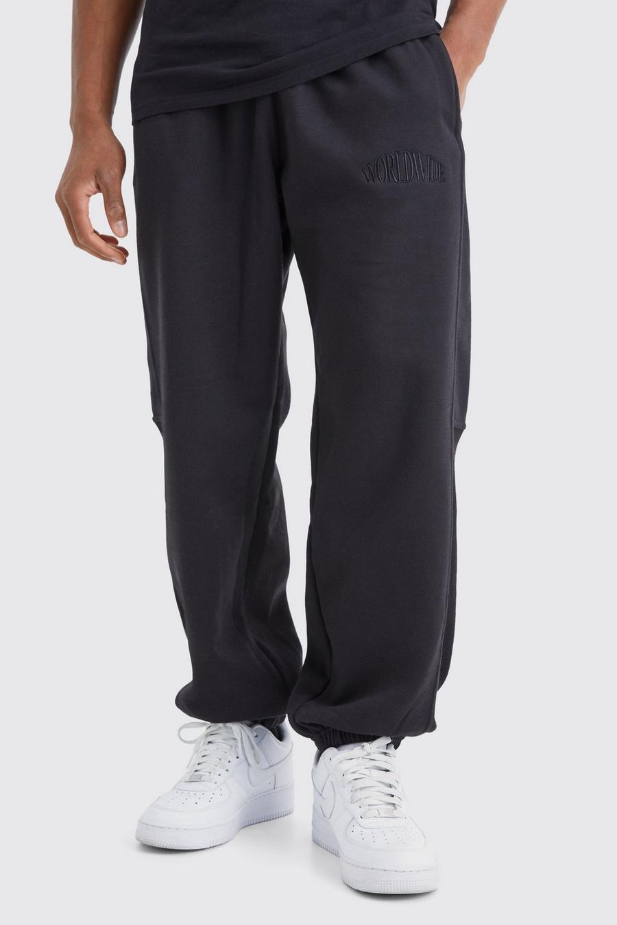 Pantalón deportivo oversize de tela gofre con panel, Black image number 1