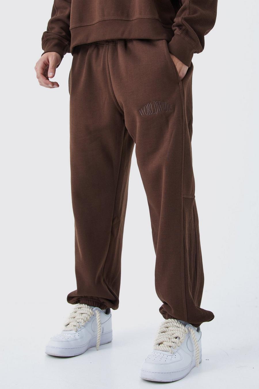 Pantalón deportivo oversize de tela gofre con panel, Chocolate