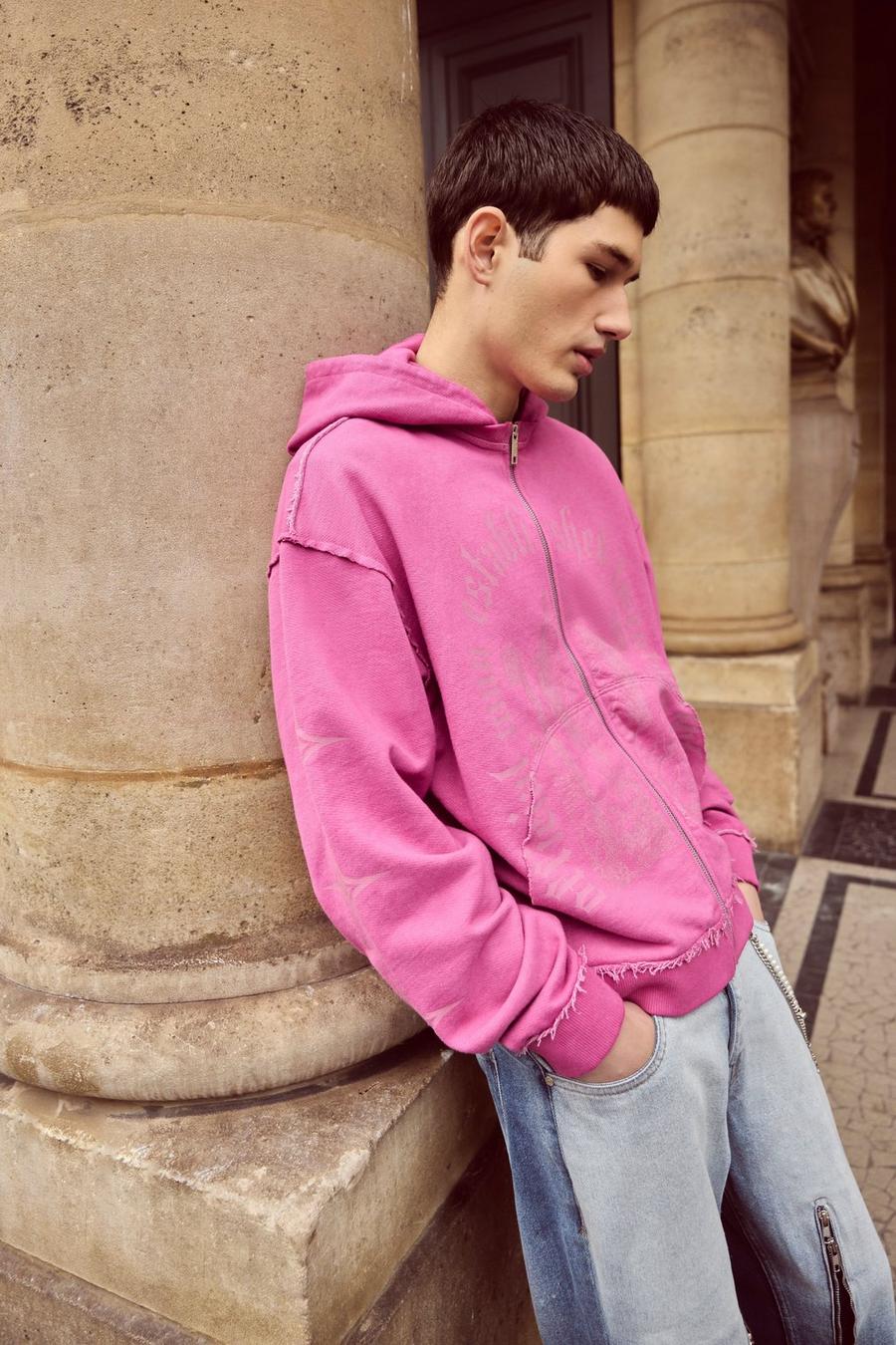 Violet Oversized Boxy Raw Seam Washed Hoodie image number 1