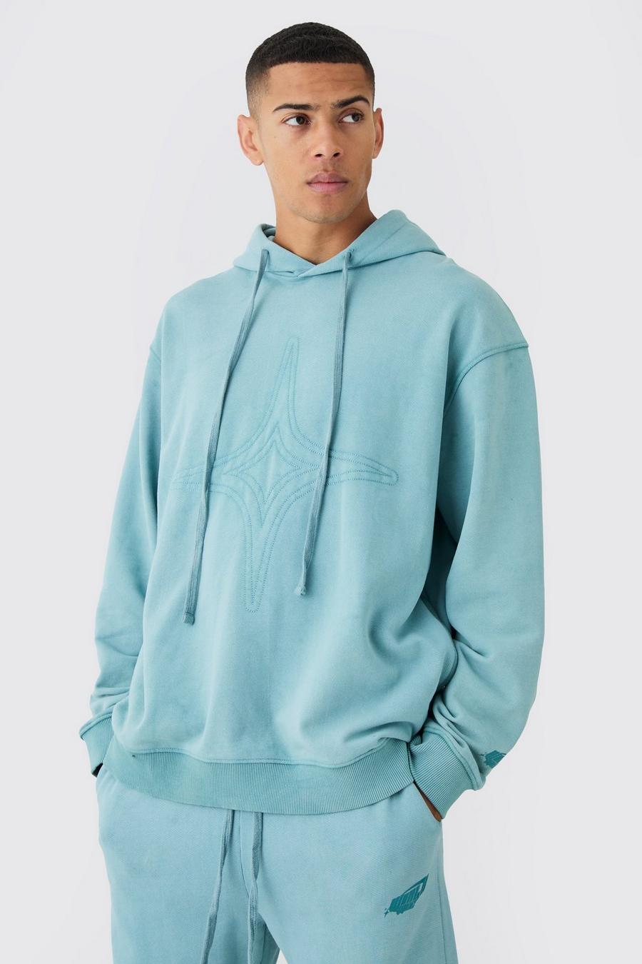 Teal Oversize quiltad hoodie med tvättad effekt image number 1