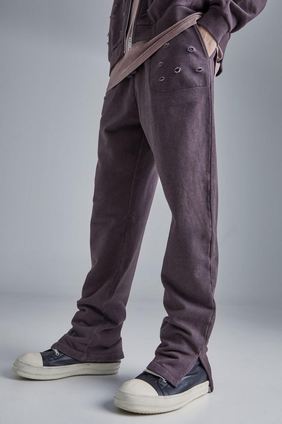 Pantaloni tuta slavati effetto smagliato con spacco sul fondo, Chocolate image number 1