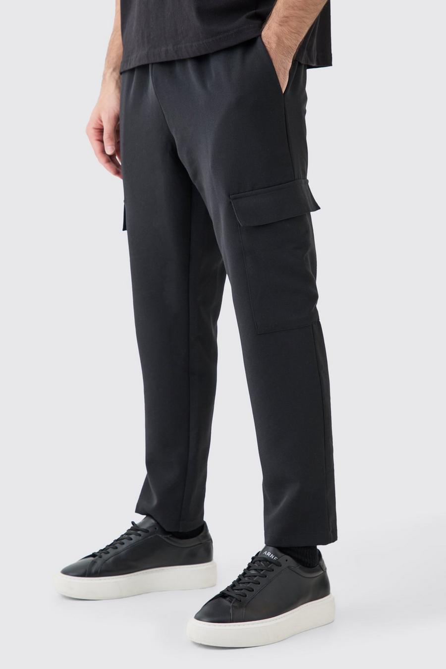 Black Elasticated Waist Tapered Cargo Trousers