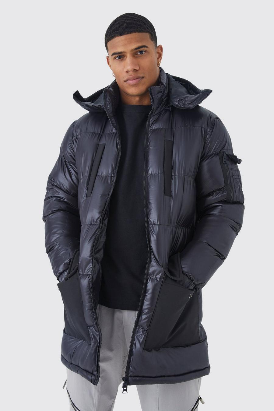 Black nero Mid Length Quilted Puffer With Hood