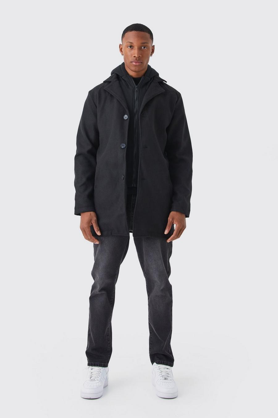 Black Single Breasted Wool Mix Overcoat With Hood