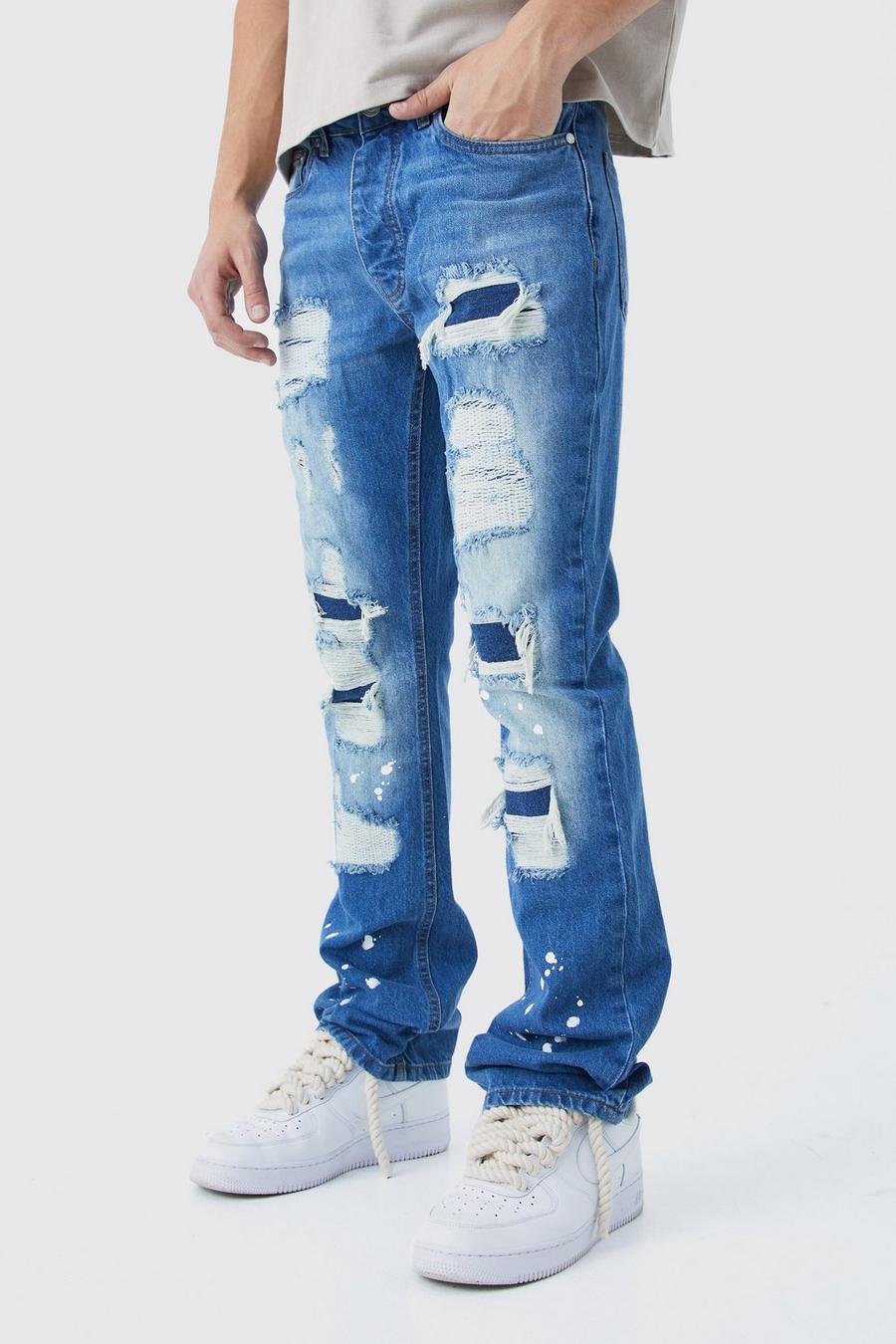 Jeans Slim Fit in denim rigido candeggiati con strappi & rattoppi, Light blue