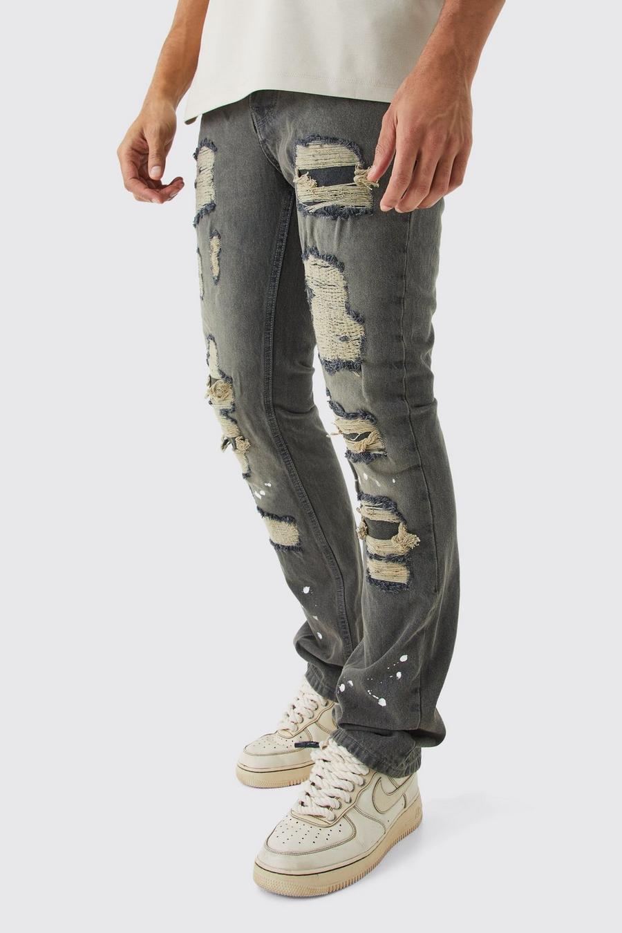 Grey Slim Rigid Flare Rip & Repair Bleached Jeans image number 1