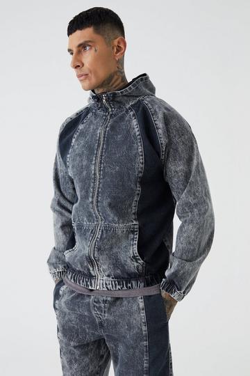 Tall Acid Wash Denim Zip Through Hoodie washed black