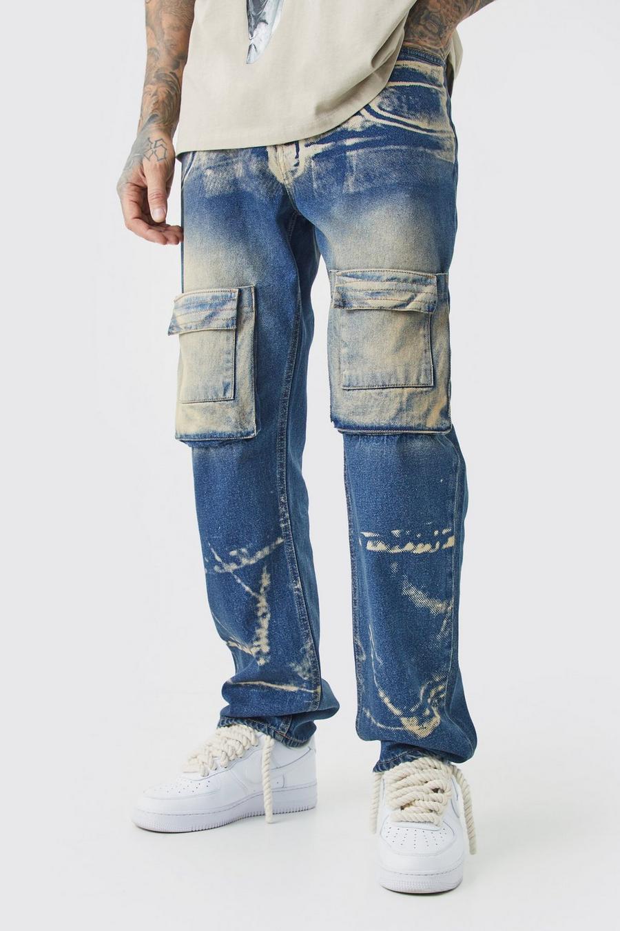 Jeans Tall rilassati in denim rigido con raggi X in lavaggio acido, Antique wash