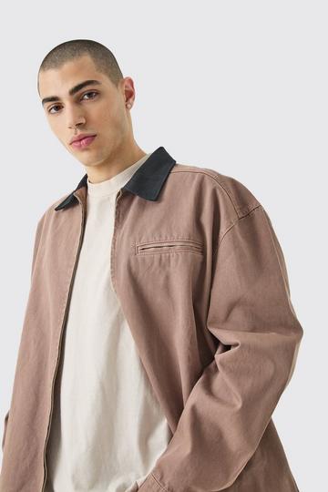 Brown Overdyed Contrast Collar Denim Harrington