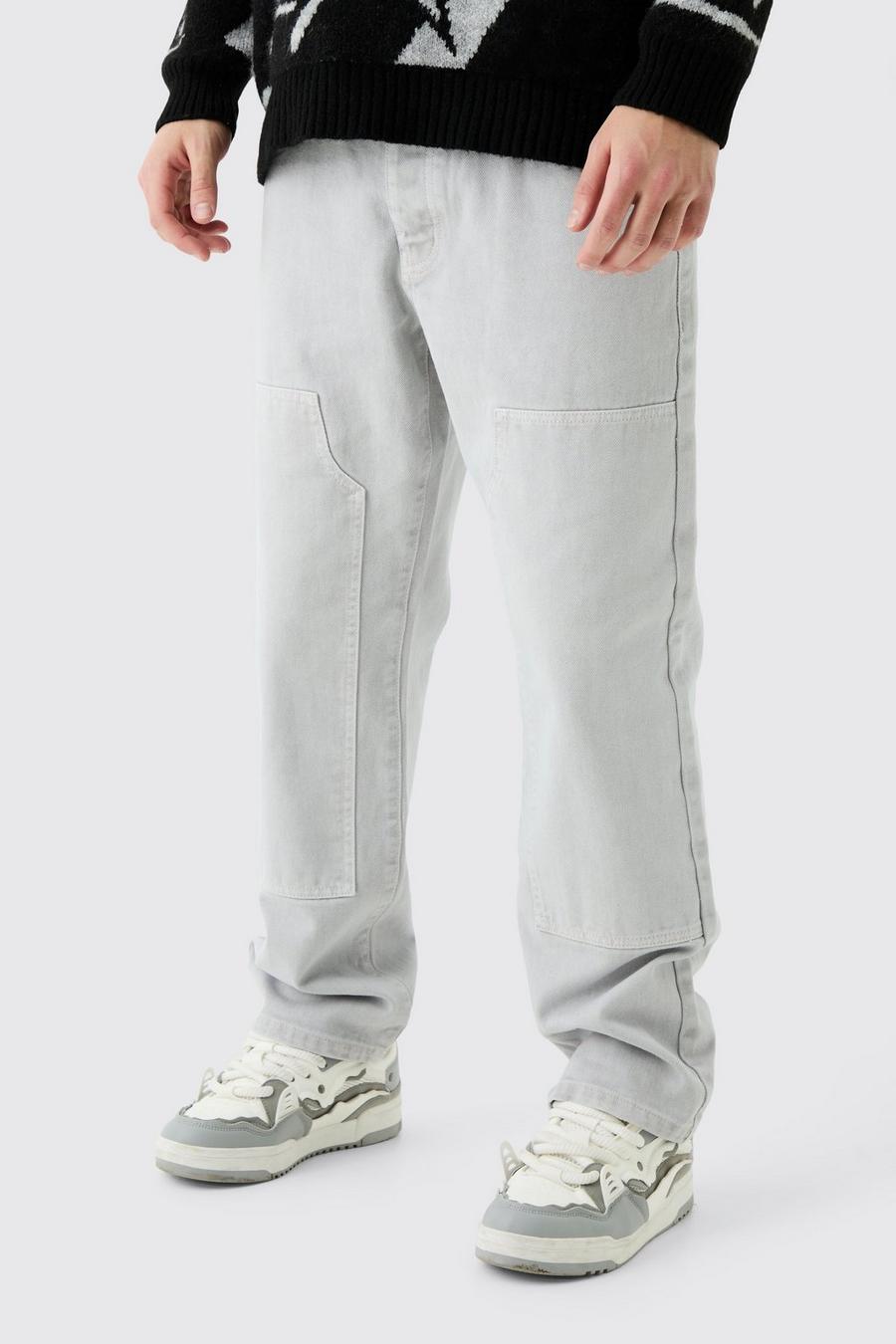 Jeans rilassati in denim rigido sovratinti stile Carpenter, Light grey