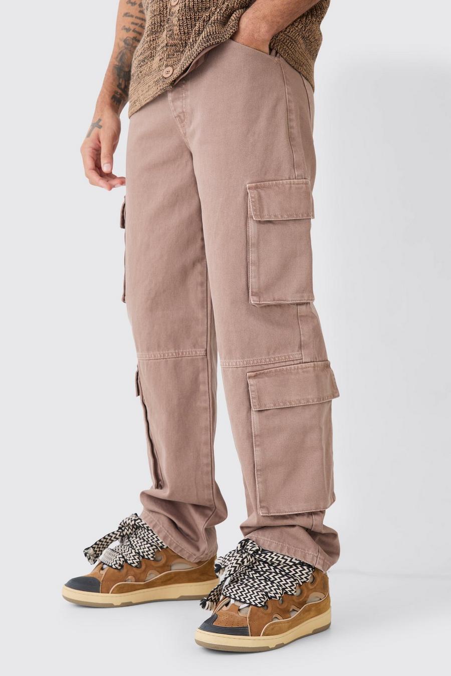 Brown Baggy Rigid Overdyed Multi Cargo Jeans image number 1