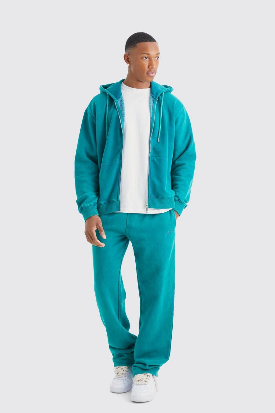 Teal Oversized Man Boxy Zip Hooded Washed Tracksuit image number 1