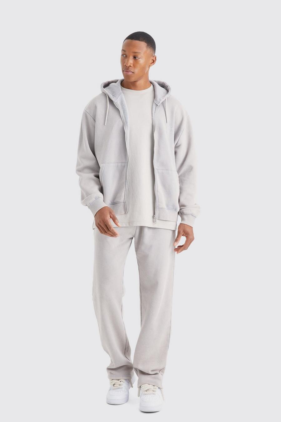 Kastiger Oversize Man Trainingsanzug mit Reißverschluss und Kapuze und Acid-Waschung, Light grey image number 1