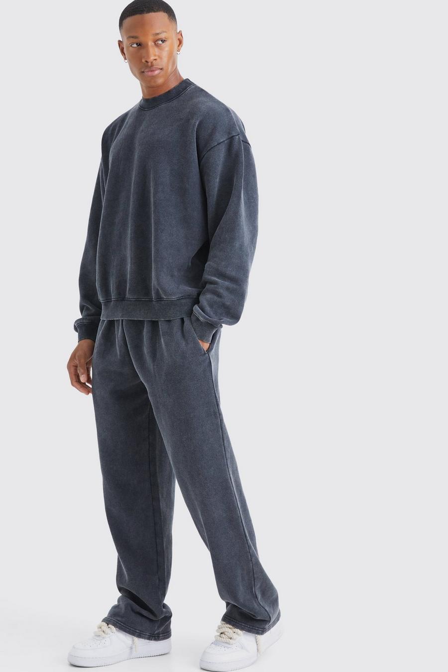 Kastiger Oversize Sweatshirt-Trainingsanzug mit Acid-Waschung, Charcoal image number 1