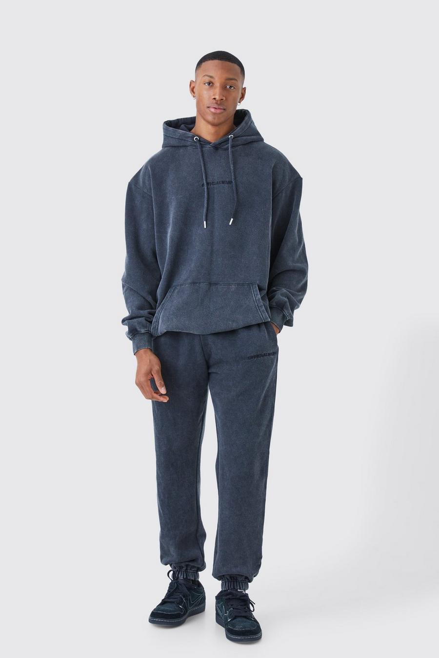 Charcoal Oversized Official Acid Wash Hooded Tracksuit image number 1
