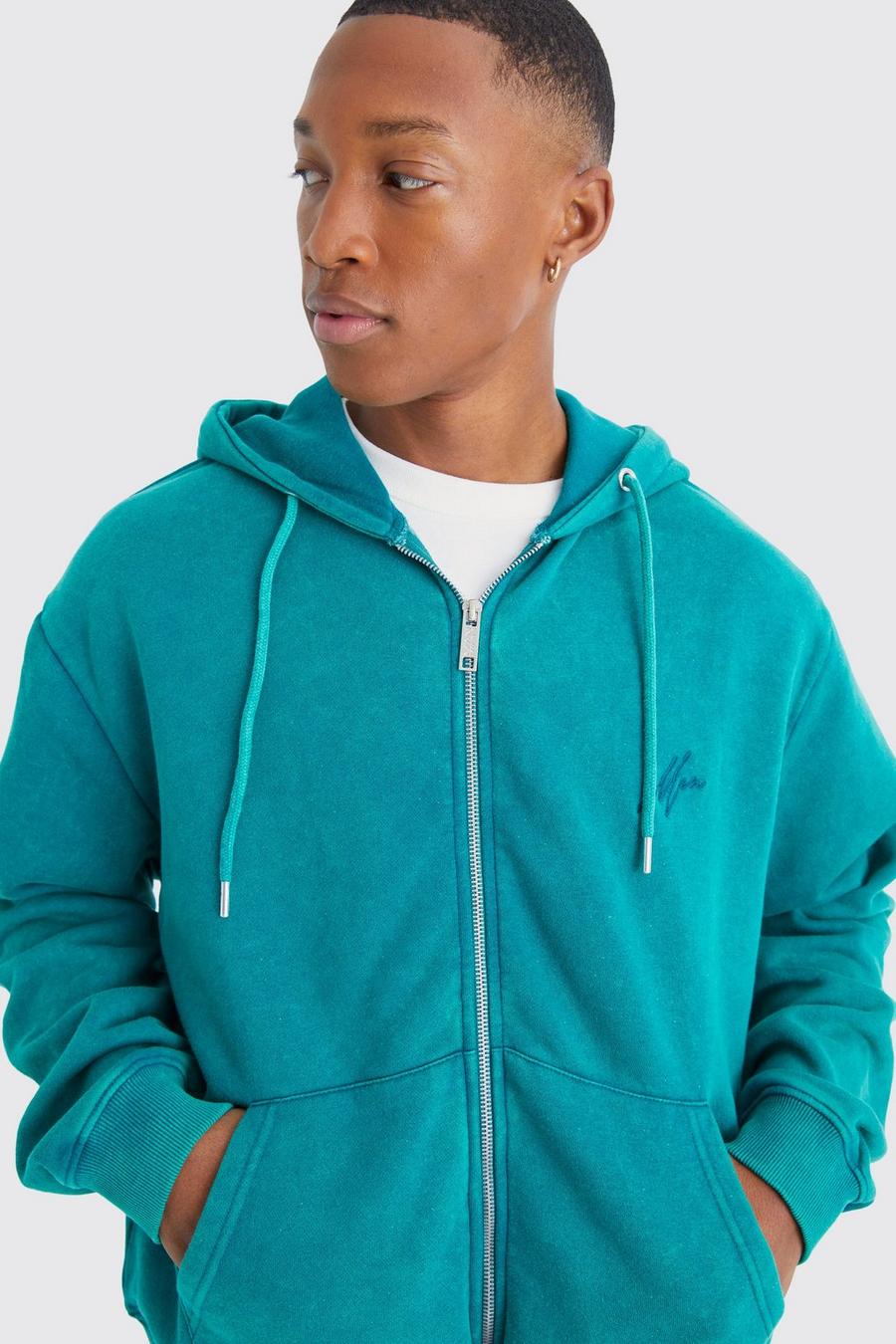 Teal Oversized Man Boxy Zip Through Washed Hoodie Stitch image number 1