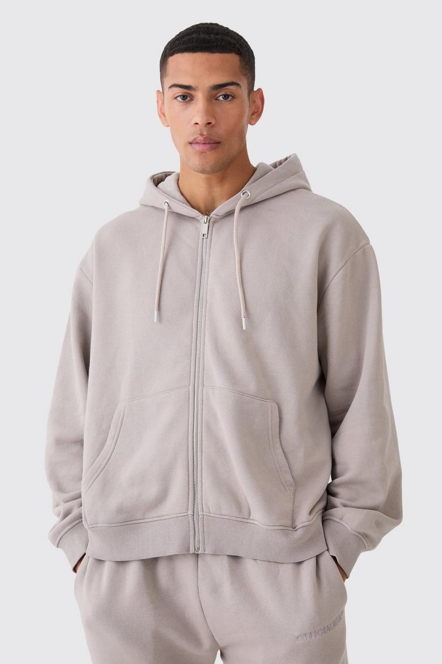 Taupe Oversized Boxy Zip Through Washed Hoodie image number 1