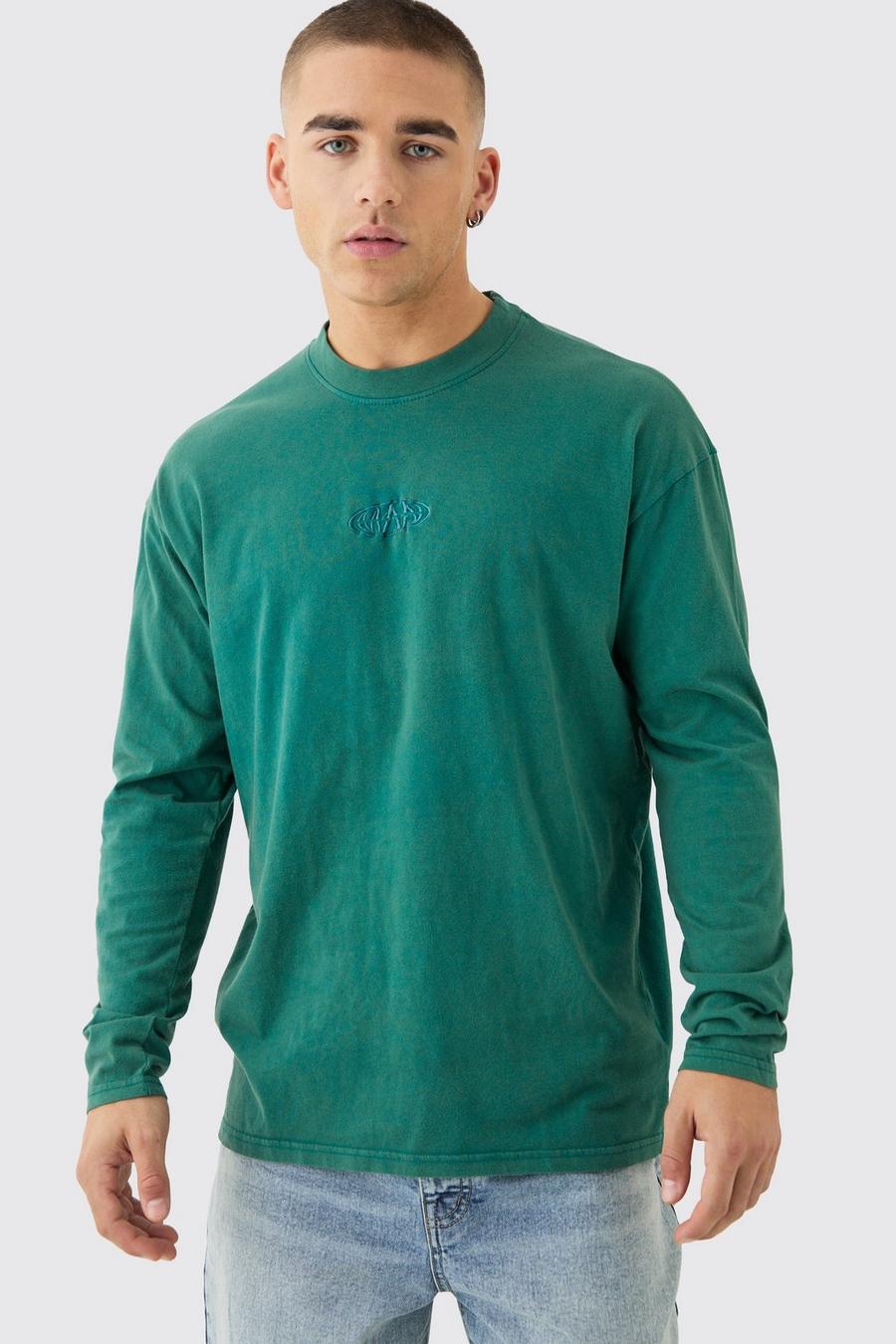 Teal Oversized Gebleekt Man T-Shirt Met Brede Nek En Lange Mouwen image number 1