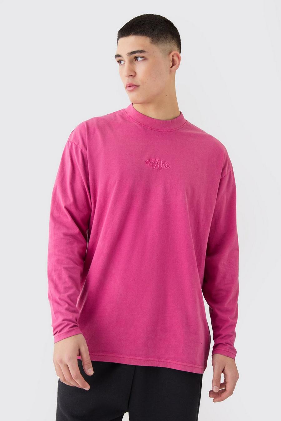 T-shirt oversize Man slavata a maniche lunghe con girocollo esteso, Pink