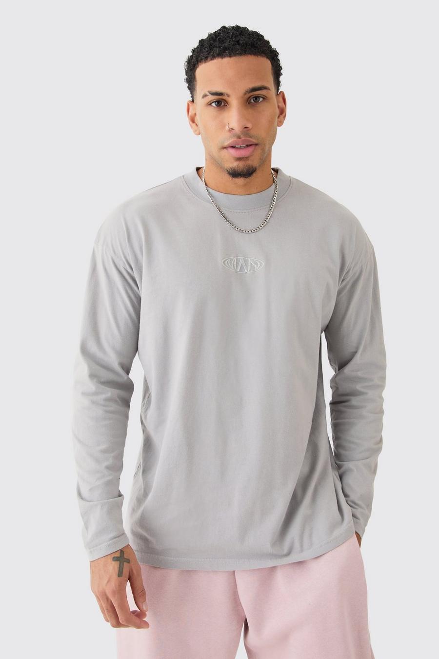 T-shirt oversize Man slavata a maniche lunghe con girocollo esteso, Light grey