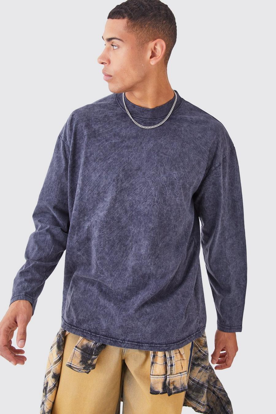 Charcoal gris Oversized Extended Neck Acid Wash Long Sleeve T-shirt