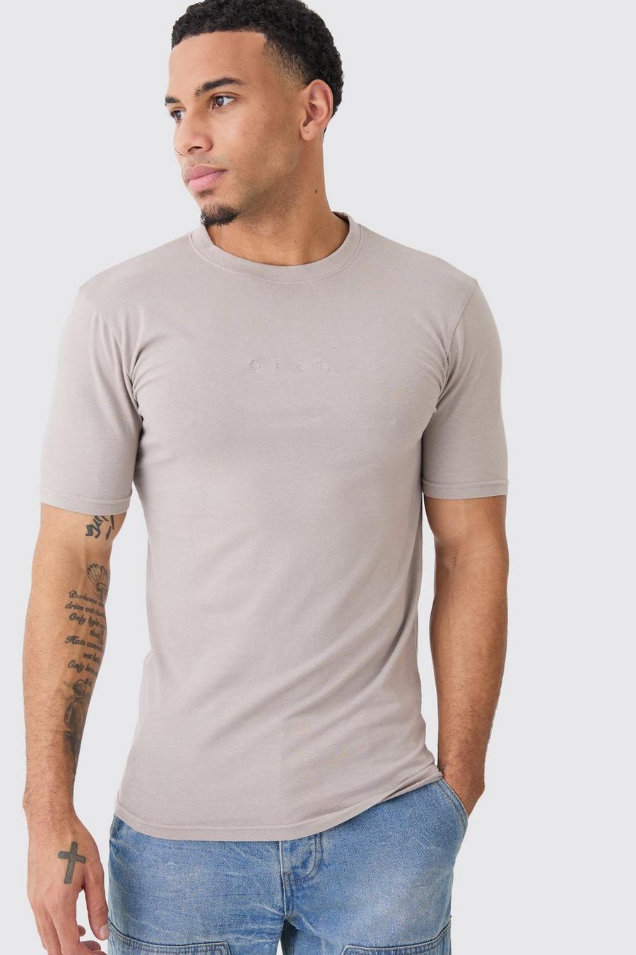 Taupe Ofcl Muscle fit t-shirt med tvättad effekt och rund hals image number 1