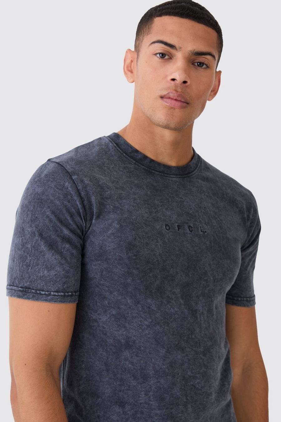 Camiseta Ofcl ajustada al músculo con lavado de ácido y cuello de caja, Charcoal image number 1