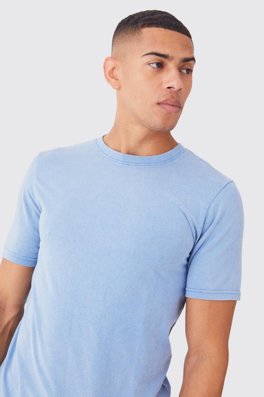 T-shirt a girocollo Slim Fit slavata, Cornflower blue