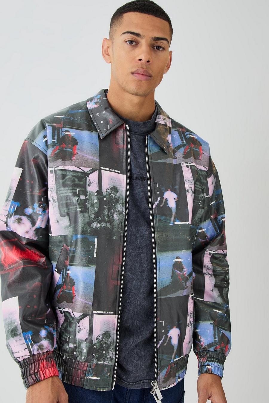 Black Oversized Collared Printed Bomber image number 1