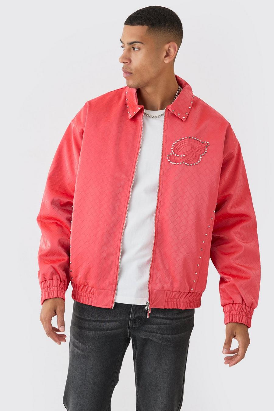 Red Oversized Weave Pu Bomber