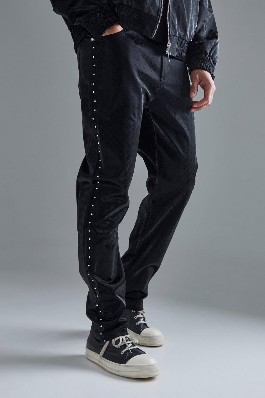 Pantalón recto de cuero sintético con cintura fija, Black image number 1