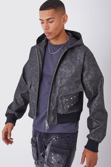 Black Boxy Washed Pu Hooded Bomber