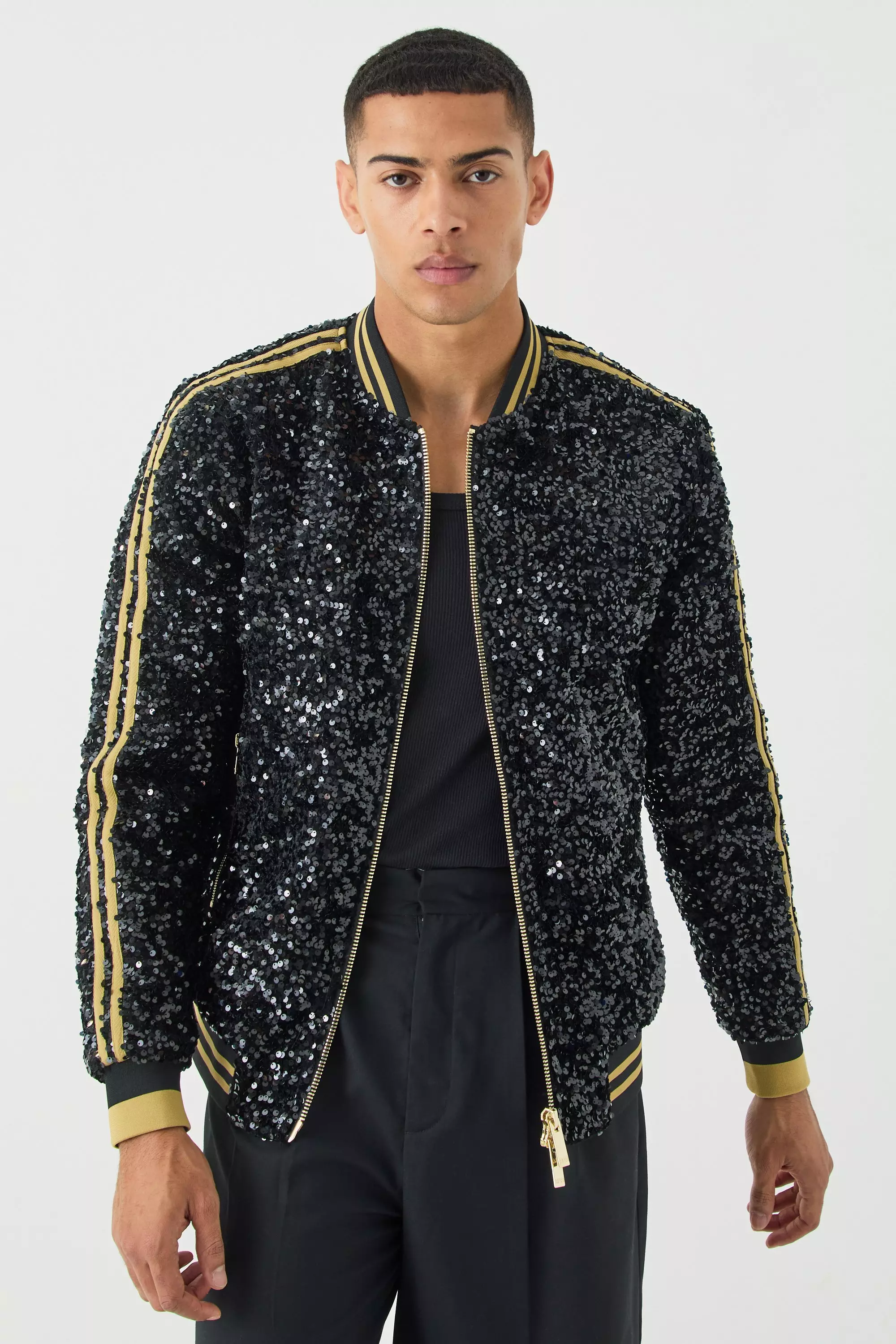 Palm Zip Through Sequin Bomber