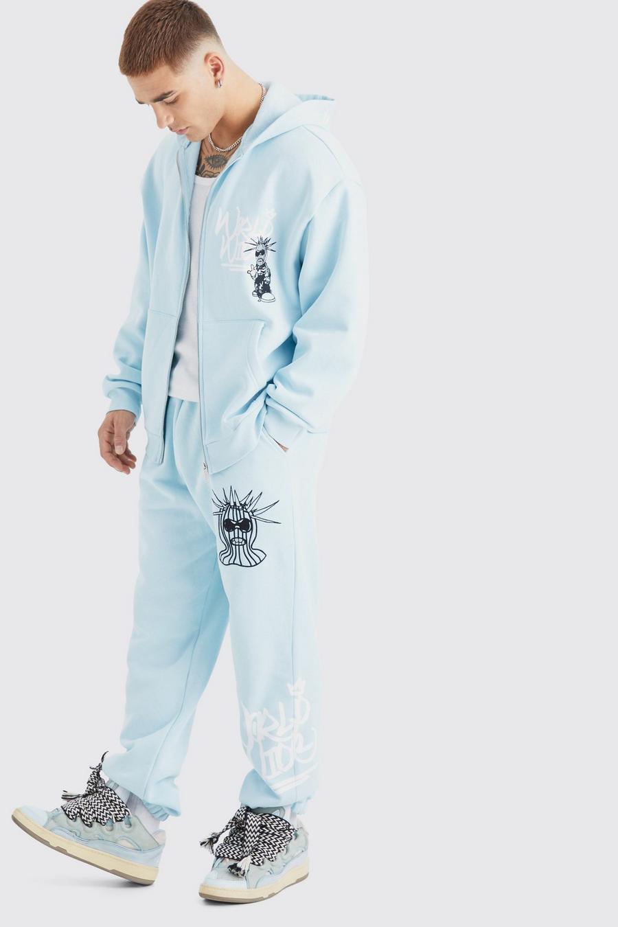 Pantalón deportivo oversize y sudadera con capucha, cremallera y estampado de enmascarado, Blue image number 1