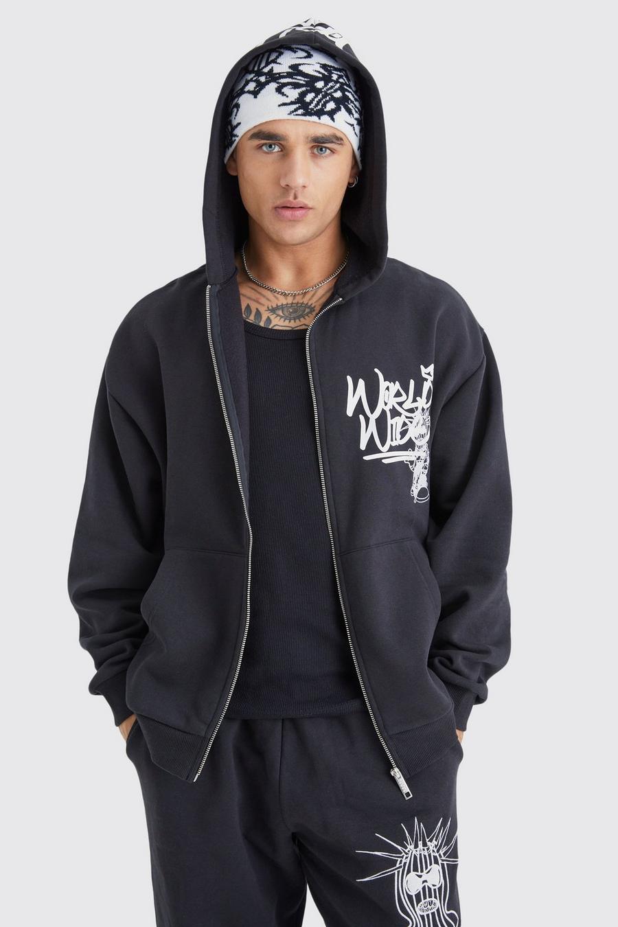 Black Oversized Masked Character Zip Up Hoodie image number 1