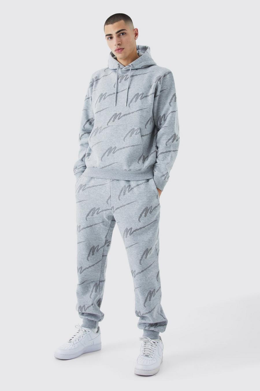 Grey marl gris Man Signature All Over Print Hoodie Tracksuit