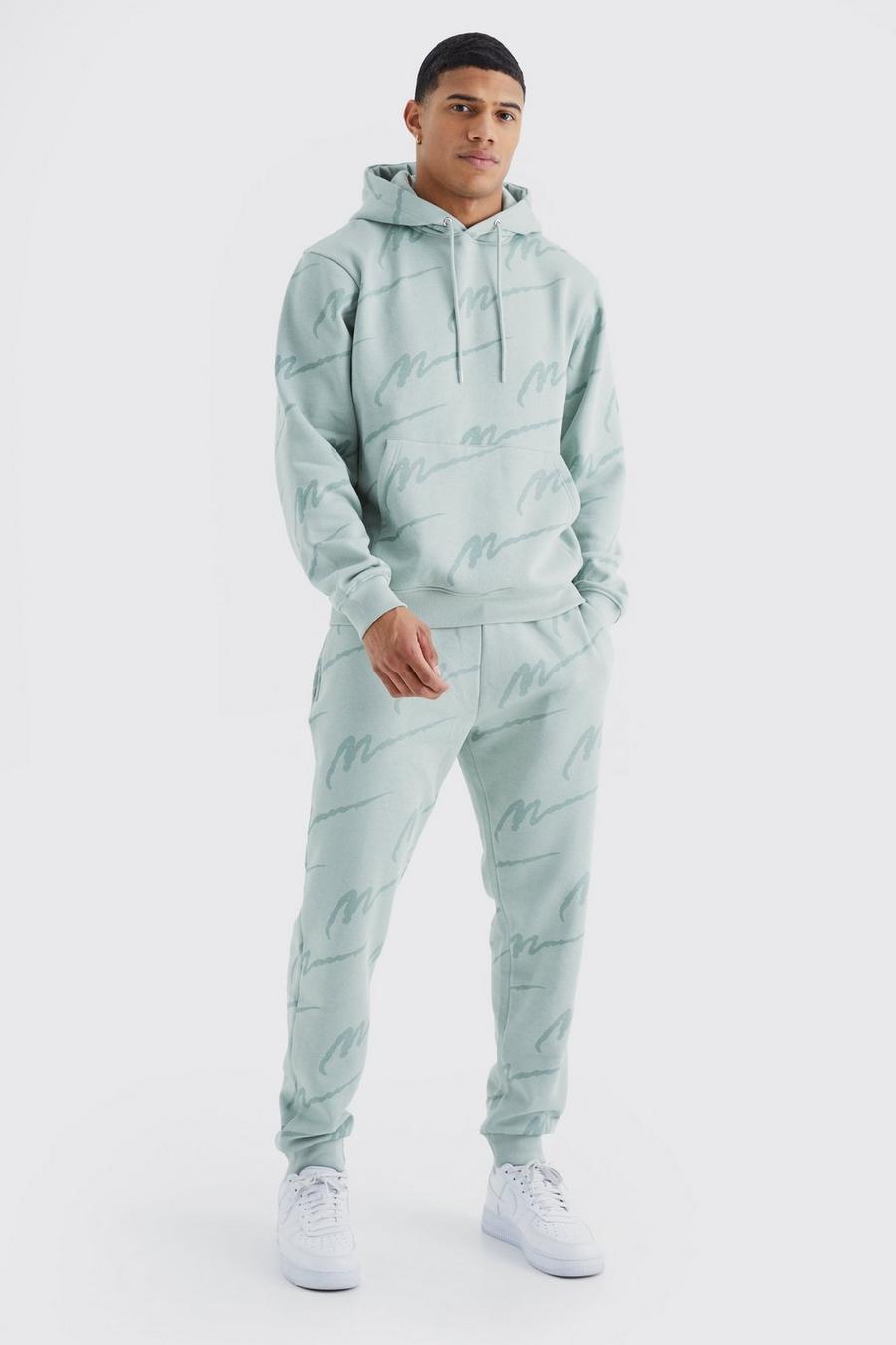 Sage green Man Signature All Over Print Hoodie Tracksuit