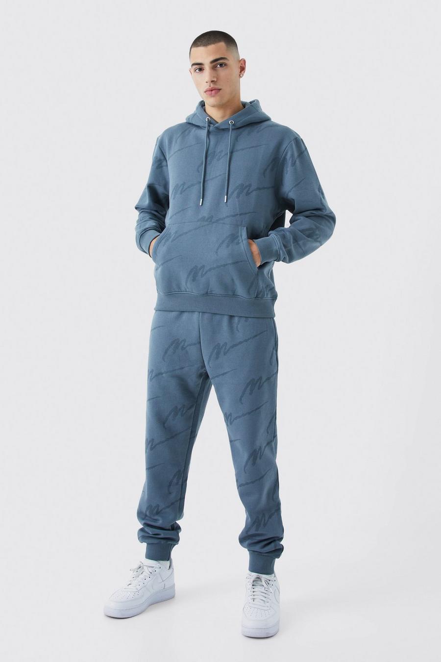 Man Signature Hoodie-Trainingsanzug mit Print, Slate blue bleu