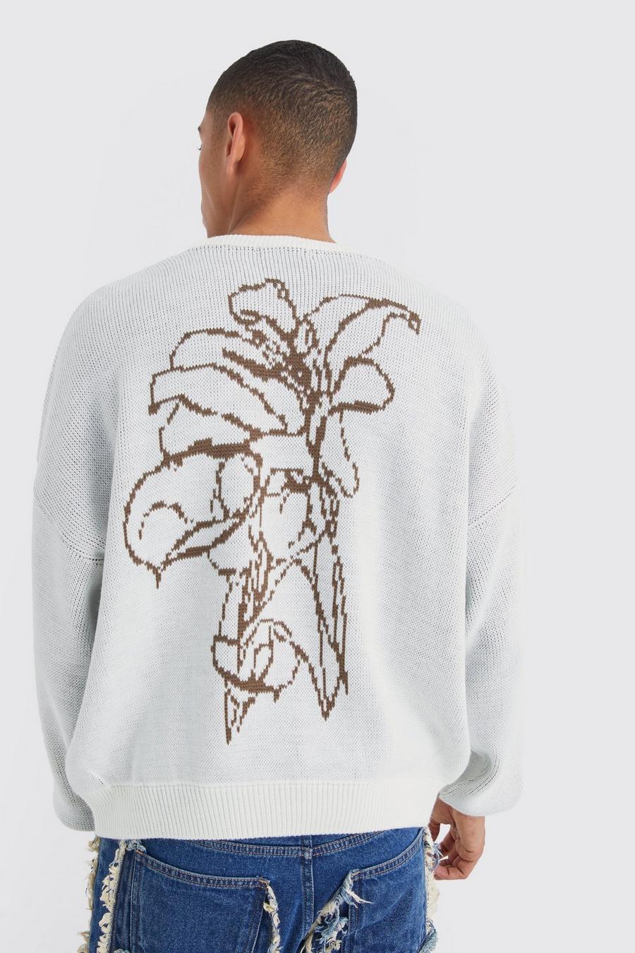Maglione squadrato in maglia con grafica di linee e fiori, Ecru image number 1