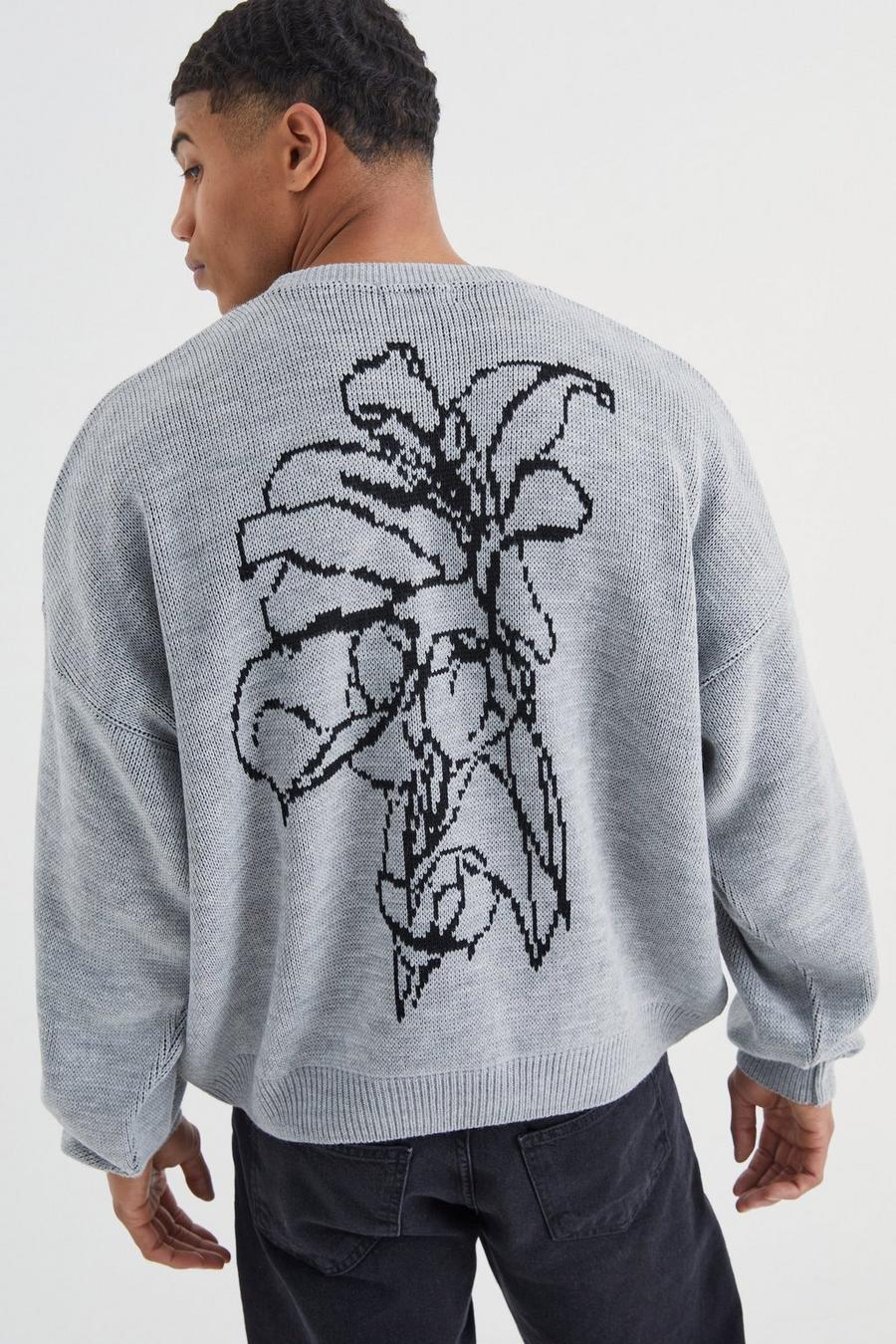 Grey marl Boxy Line Graphic Flower Knitted Jumper image number 1