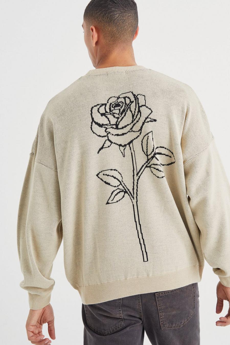 Stone beis Oversized Line Graphic Rose Knitted Jumper