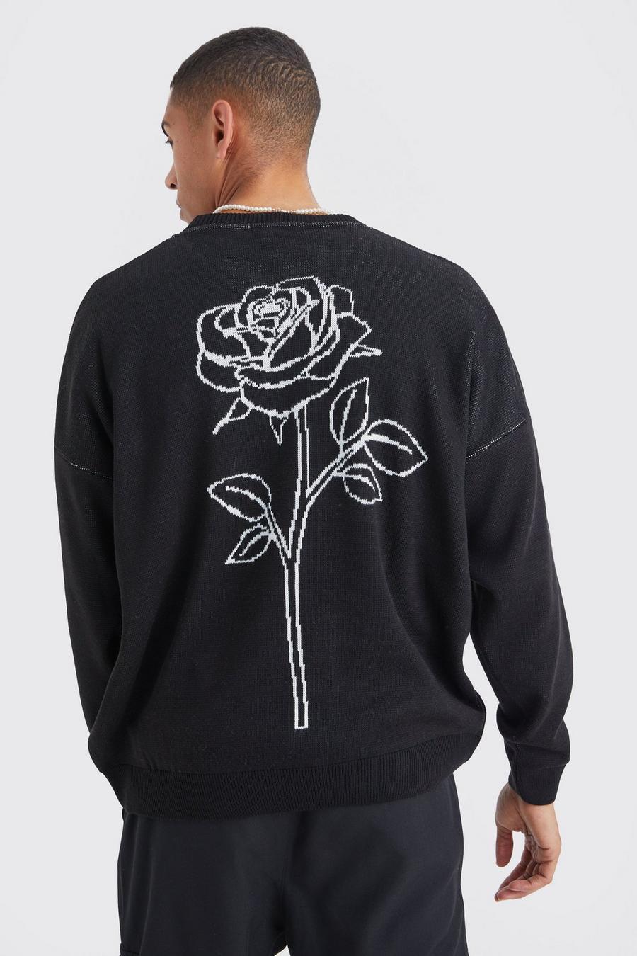 Black Oversized Line Graphic Rose Knitted Jumper image number 1