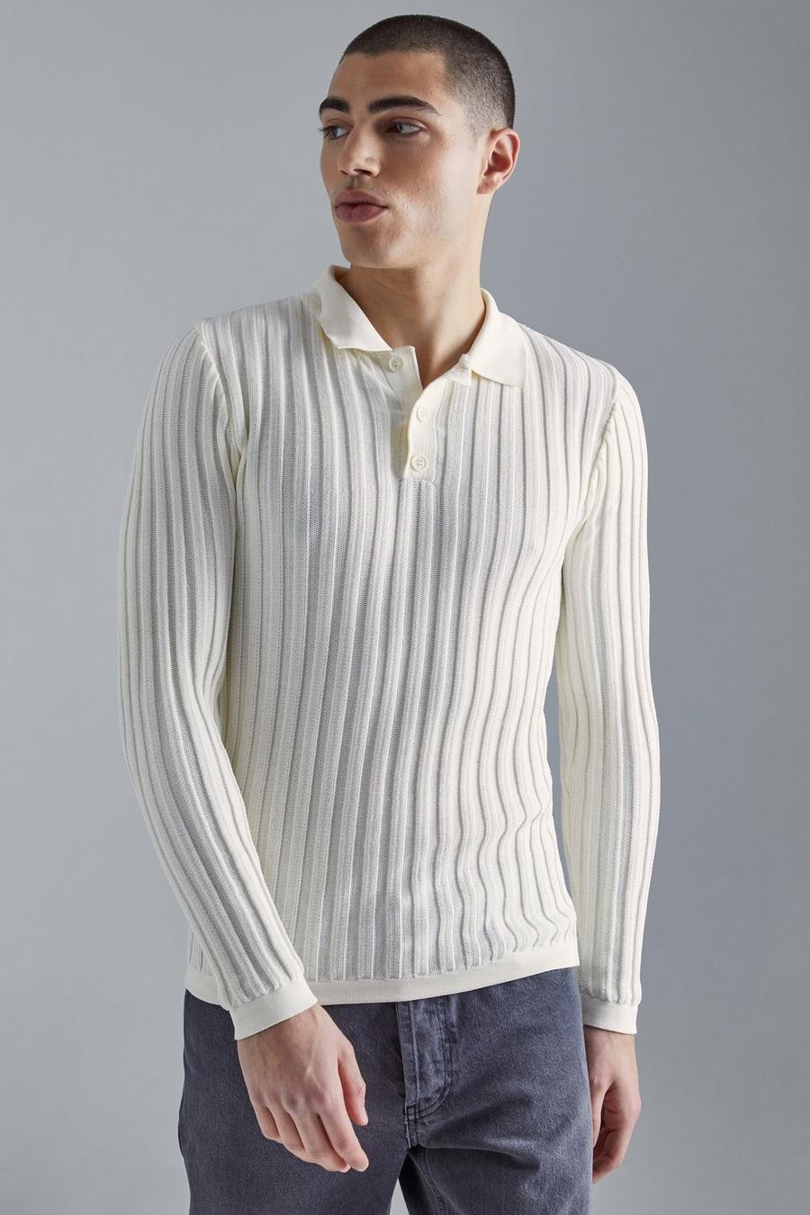Cream Long Sleeve Muscle Ribbed Polo image number 1
