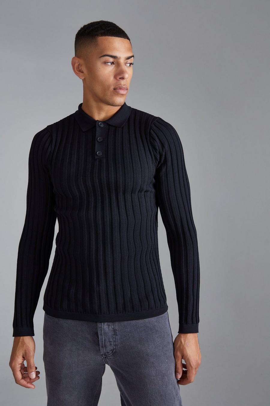 Black Long Sleeve Muscle Ribbed Polo image number 1