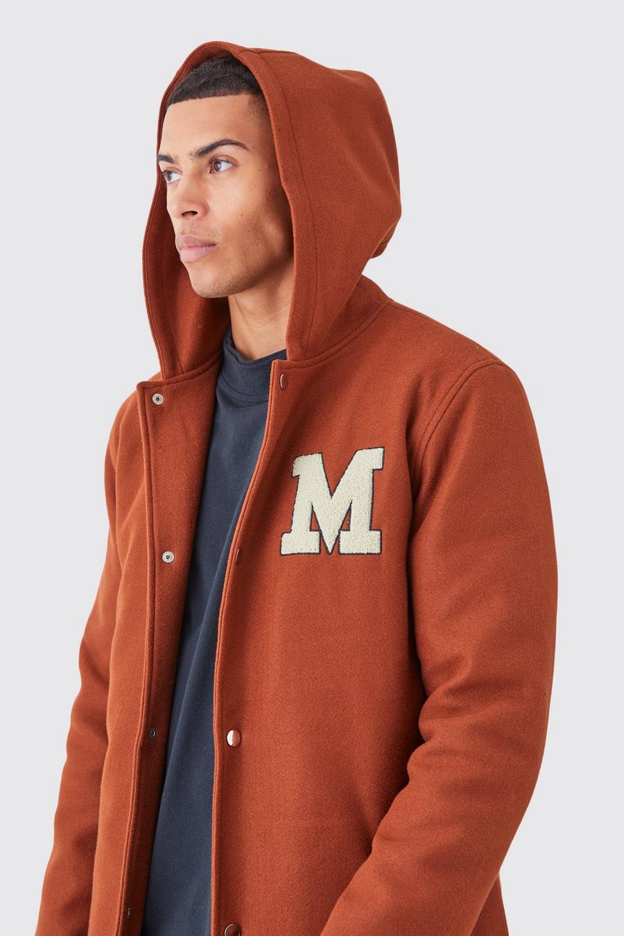 Abrigo largo universitario de melton con capucha, Brown image number 1