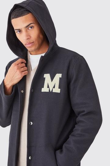 Longline Melton Varsity Overcoat With Hood black