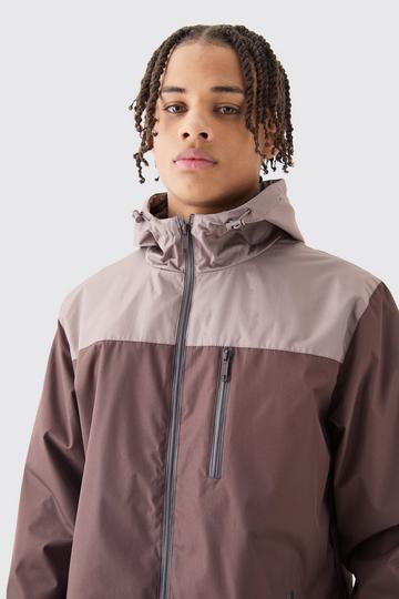 Brown Colour Block Hooded Zip Through Cagoule