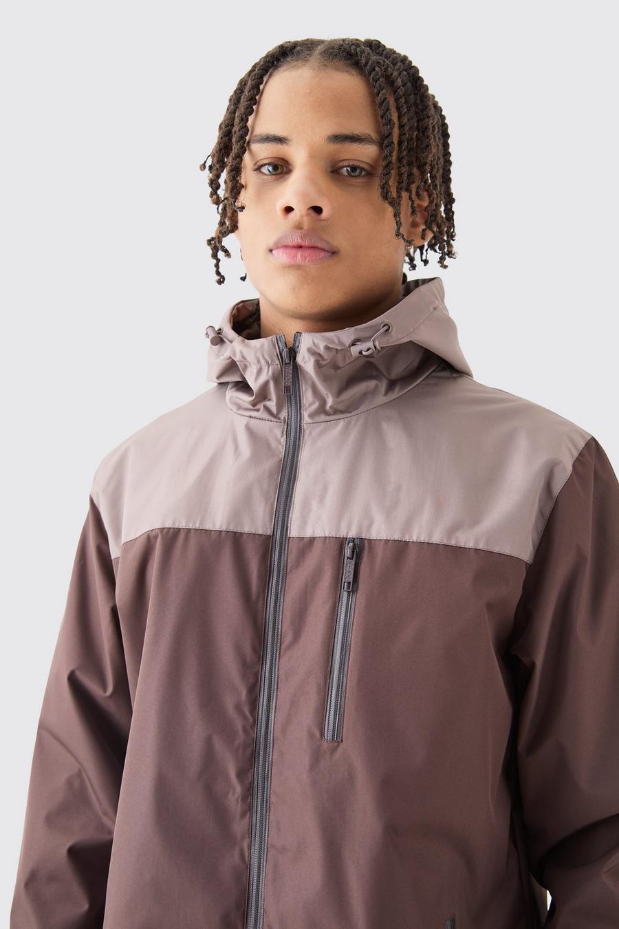 Brown Colour Block Hooded Zip Through Cagoule image number 1