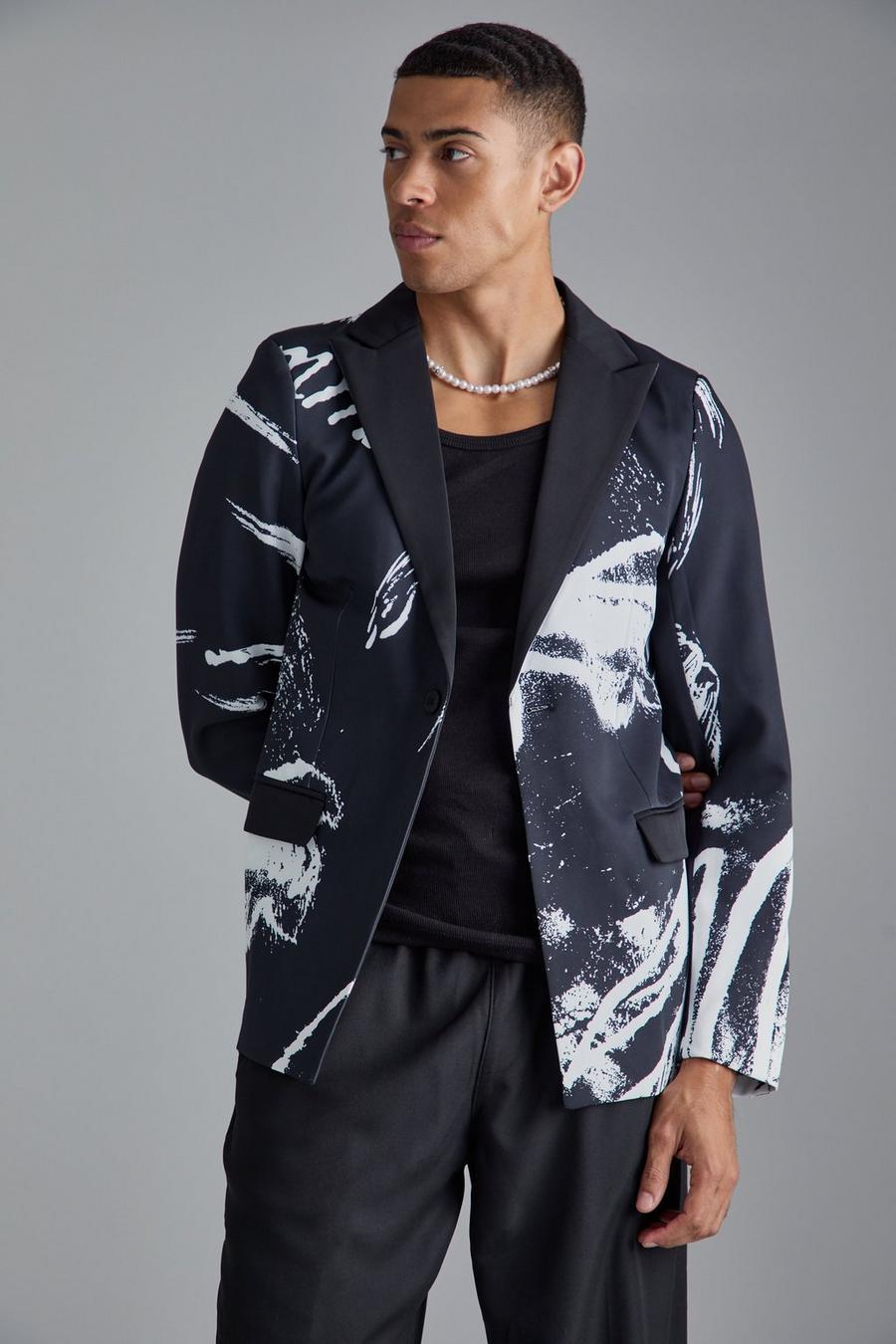 Black Abstract Printed Slim Fit Blazer